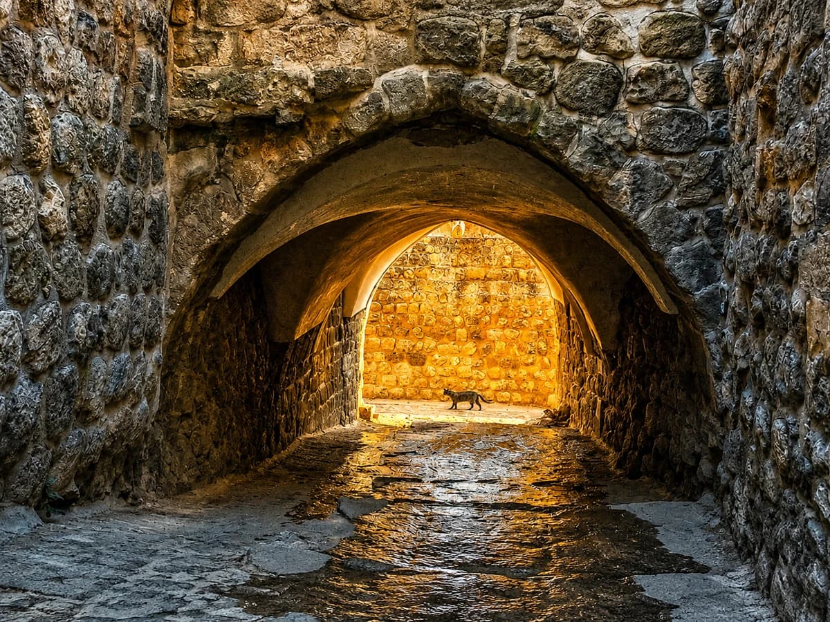 Eski Mardin'de bir abbaranın altından geçen taş yol