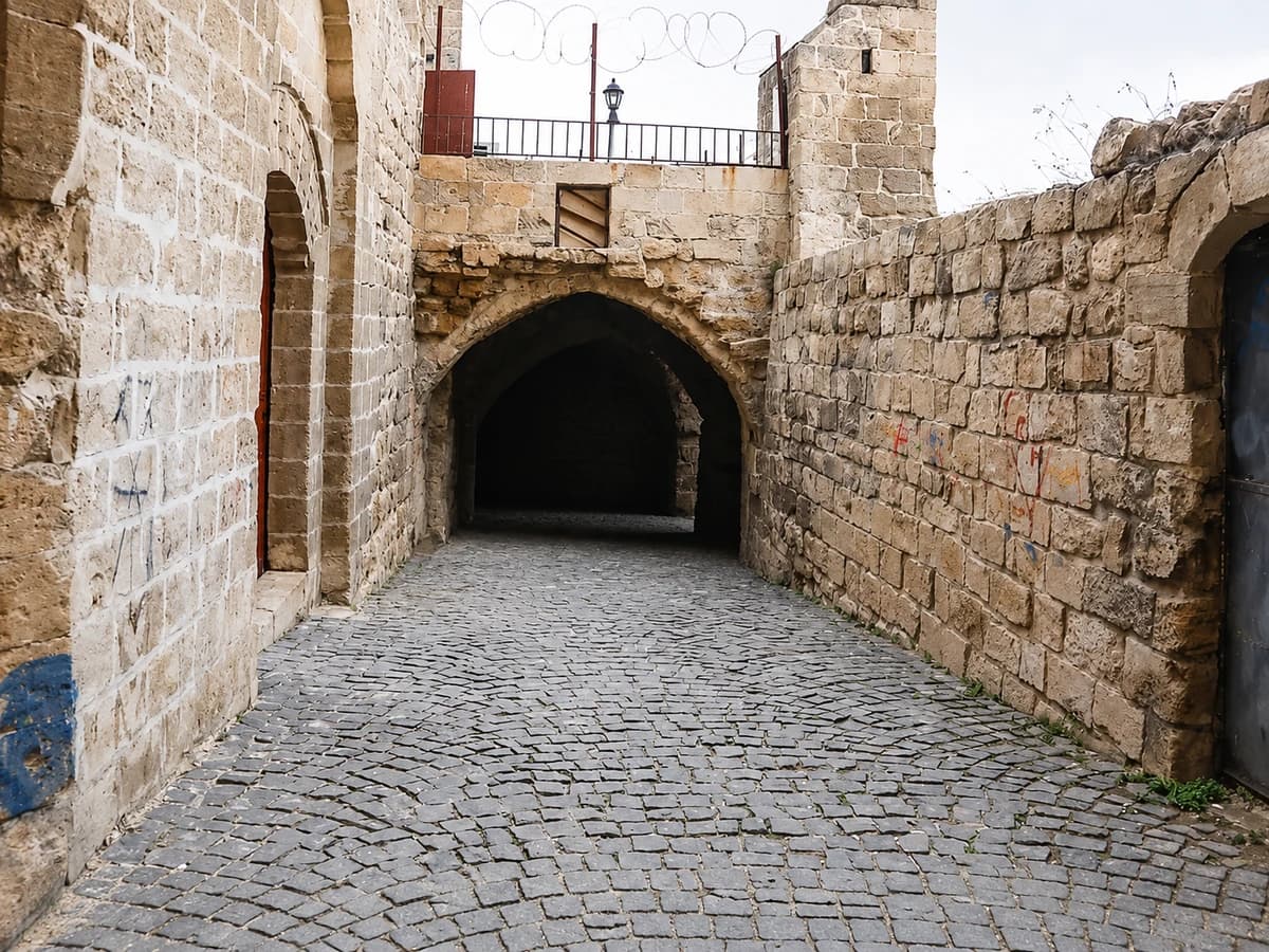 Arnavut kaldırımlı bir geçit ve gölgeye açılan kemer