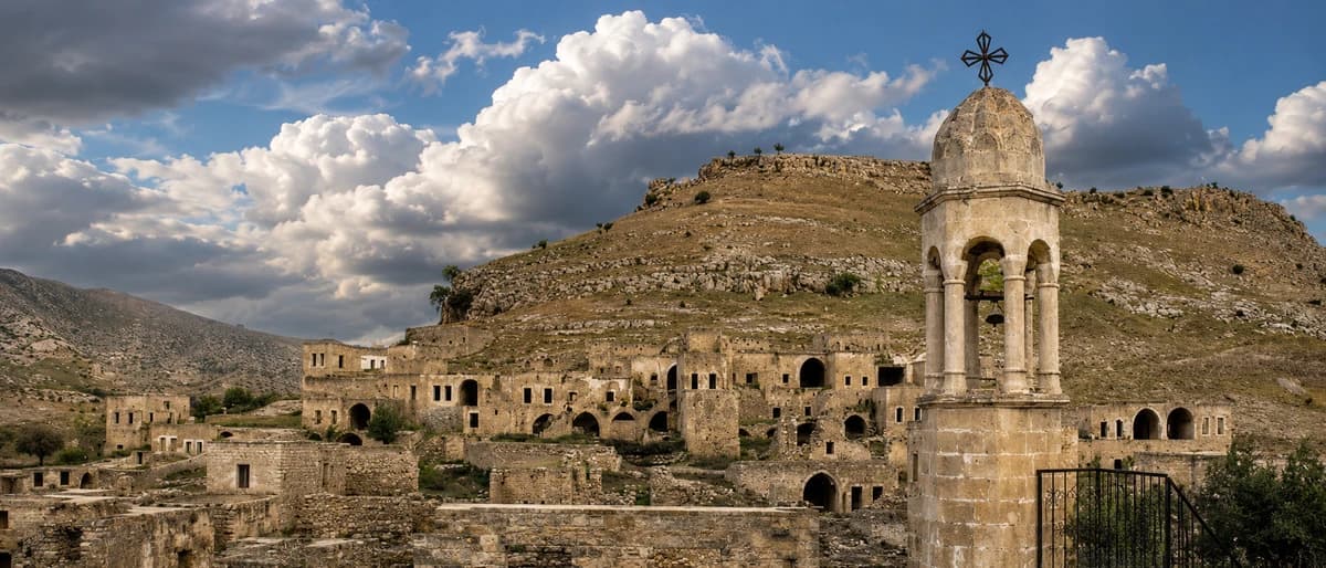 Haçlı çan kulesi ve ardında Kıllıt'ın taş evleri